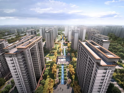 Aerial Planning of Modern Residential Community With High Rise Buildings Green Belts and Water Features 3d model