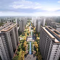 Aerial Planning of Modern Residential Community With High Rise Buildings Green Belts and Water Features
