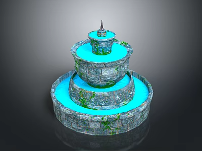 Three Tiered Stone Fountain With Blue Water And Moss For Outdoor Decor 3d model