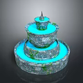 Three Tiered Stone Fountain With Blue Water And Moss For Outdoor Decor