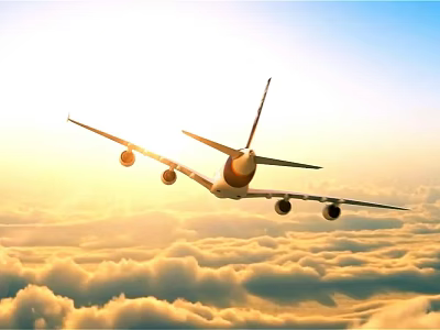 Passenger Airplane Flying Over Golden Clouds in Bright Sunrise Sky 3d model