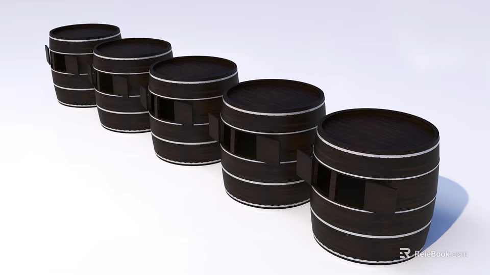 Black Wooden Storage Barrels With Stripes Arranged In A Row For Home Use 3d model 