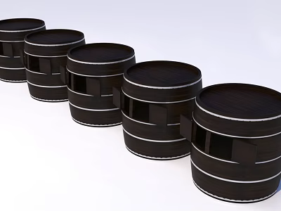 Black Wooden Storage Barrels With Stripes Arranged In A Row For Home Use 3d model