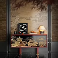 Traditional Chinese Entryway Console Table With Golden Patterns Decorative Lamp And Ornaments