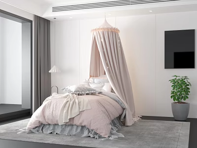 Pink Canopy Children's Bed With Soft Bedding In Modern White Bedroom 3d model