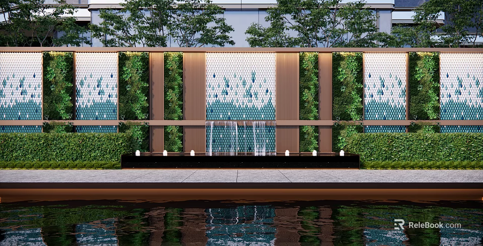 Modern Scenic Wall Design With Green Plants Water Fountain And Reflection 3d model 