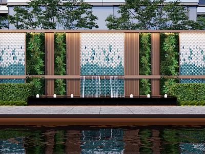 Modern Scenic Wall Design With Green Plants Water Fountain And Reflection 3d model