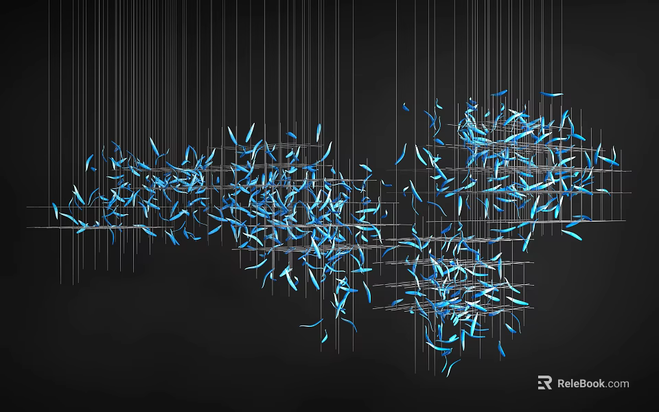 Modern Blue Chandelier With Slender Hanging Elements On Black Background 3d model 
