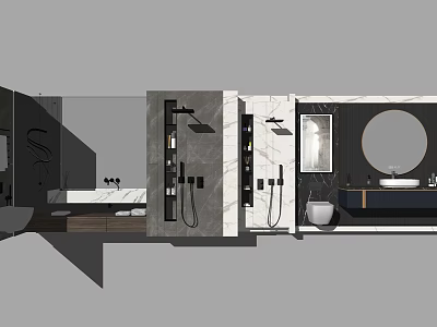 Modern Bathroom Vanity With Marble Countertop And Round Mirror Design 3d model