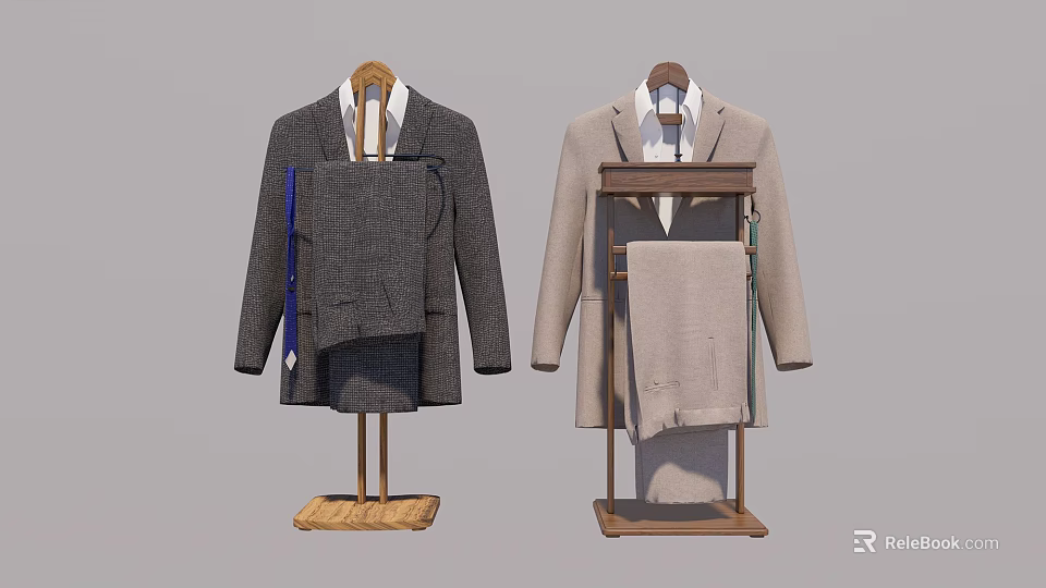 Classic Gray And Beige Men's Suits Displayed On Wooden Hangers With Details 3d model 