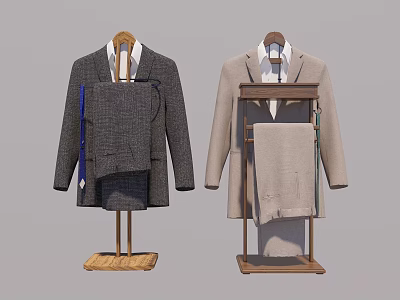 Classic Gray And Beige Men's Suits Displayed On Wooden Hangers With Details 3d model