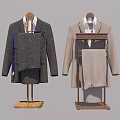 Classic Gray And Beige Men's Suits Displayed On Wooden Hangers With Details
