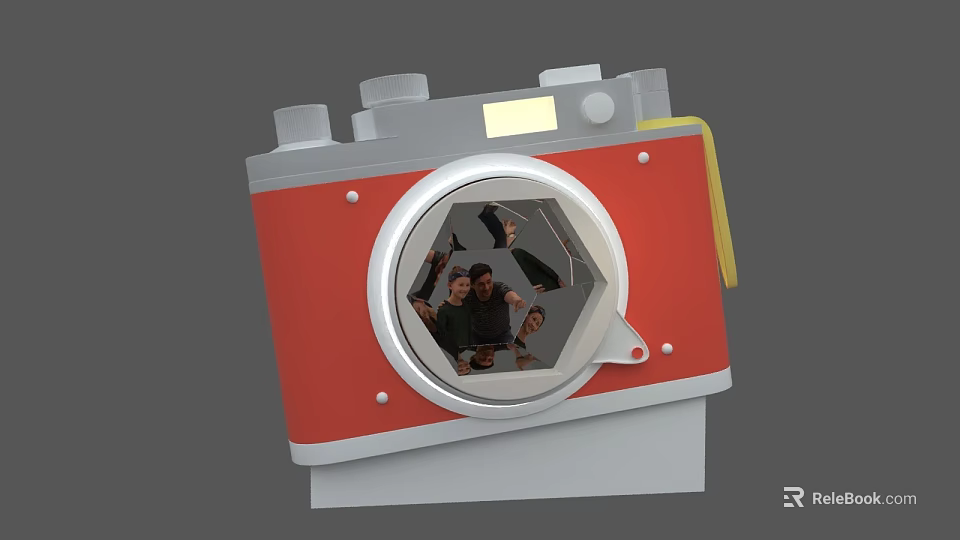 Camera Shaped Group Photo Spot With Red White Design And People Taking 3d model 