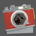 Camera Shaped Group Photo Spot With Red White Design And People Taking