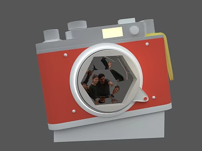 Camera Shaped Group Photo Spot With Red White Design And People Taking 3d model