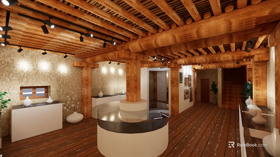 Traditional Cultural Center Interior Design With Wooden Roof Beams Flooring And Circular Reception Desk 3d model 