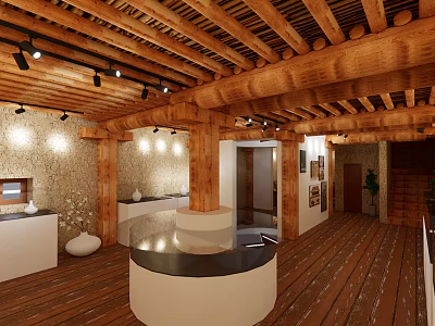 Traditional Cultural Center Interior Design With Wooden Roof Beams Flooring And Circular Reception Desk 3d model