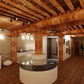 Traditional Cultural Center Interior Design With Wooden Roof Beams Flooring And Circular Reception Desk