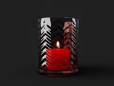 Glass Candle Lamp With Geometric Pattern Holding Burning Red Candle 3d model