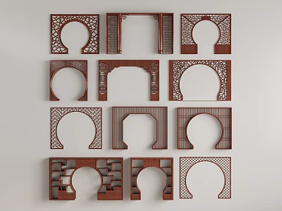 Chinese style solid wood lattice moon gate arch hollow moon gate moon gate antique frame round gate arch partition 3d model