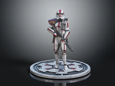 Armored Soldier Figure In Red And White Armor Holding Rifle On Circular Base With Emblem 3d model