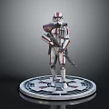 Armored Soldier Figure In Red And White Armor Holding Rifle On Circular Base With Emblem
