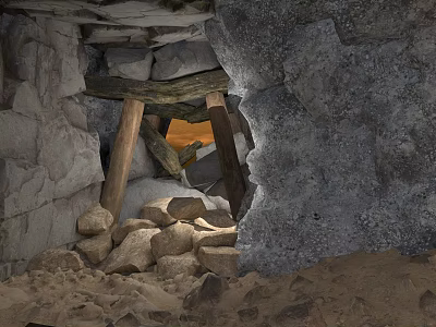 Rocky Cave Interior With Wooden Beams And Light Through Opening 3d model