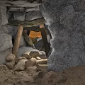 Rocky Cave Interior With Wooden Beams And Light Through Opening