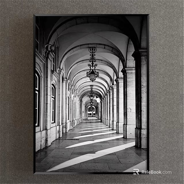 Black and White Landscape Painting of Arcaded Corridor With Arches Columns Light and Shadow 3d model 
