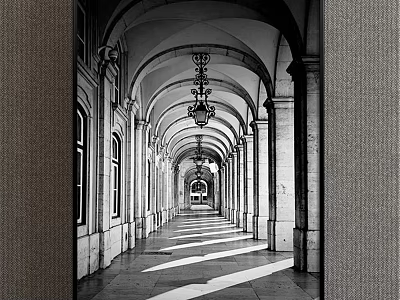 Black and White Landscape Painting of Arcaded Corridor With Arches Columns Light and Shadow 3d model