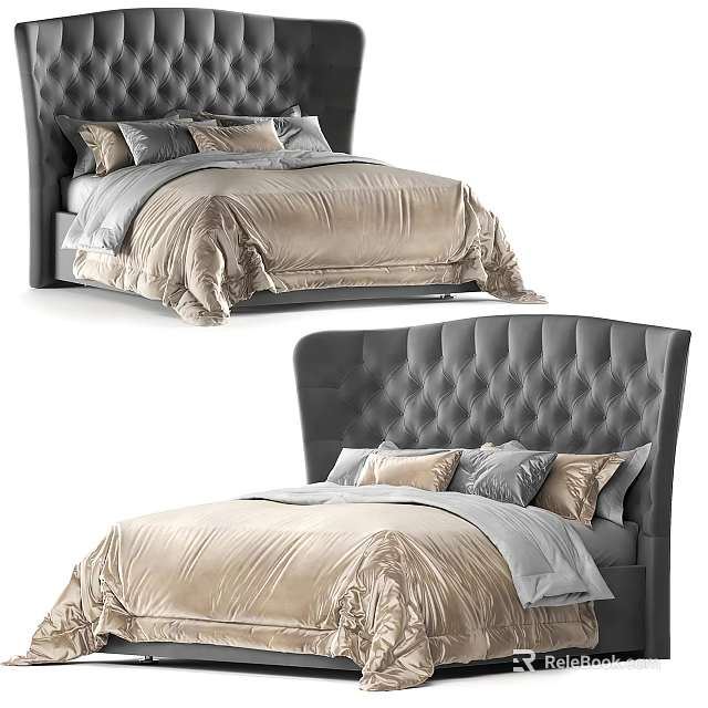 Elegant Modern Double Bed With Grey Tufted Headboard And Golden Bedding Pillows 3d model 