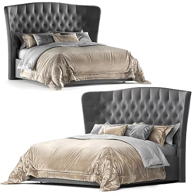 Elegant Modern Double Bed With Grey Tufted Headboard And Golden Bedding Pillows 3d model