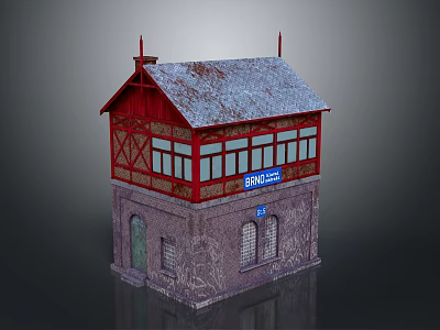 Gabled Building Featuring Red Frame Stone Walls Gray Weathered Roof And Blue Brand Sign 3d model