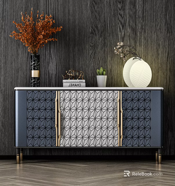 Modern Entryway Console Cabinet With Geometric Pattern Metal Handles And Decorative Vase Plant Lamp 3d model 