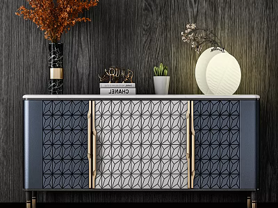Modern Entryway Console Cabinet With Geometric Pattern Metal Handles And Decorative Vase Plant Lamp 3d model