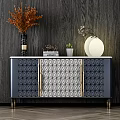 Modern Entryway Console Cabinet With Geometric Pattern Metal Handles And Decorative Vase Plant Lamp