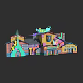 Vibrant Cartoon Scene With Colorful Buildings Playful Roofs And Decorative Elements