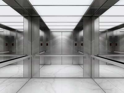 Modern Elevator Interior With Metallic Panels Mirror Walls And Marble Floor 3d model