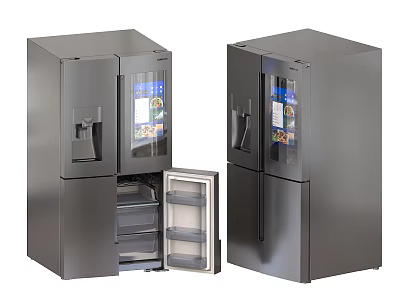 Modern Black Refrigerators With Double Door Design Open Door Showing Interior Shelves And Water Dispenser 3d model