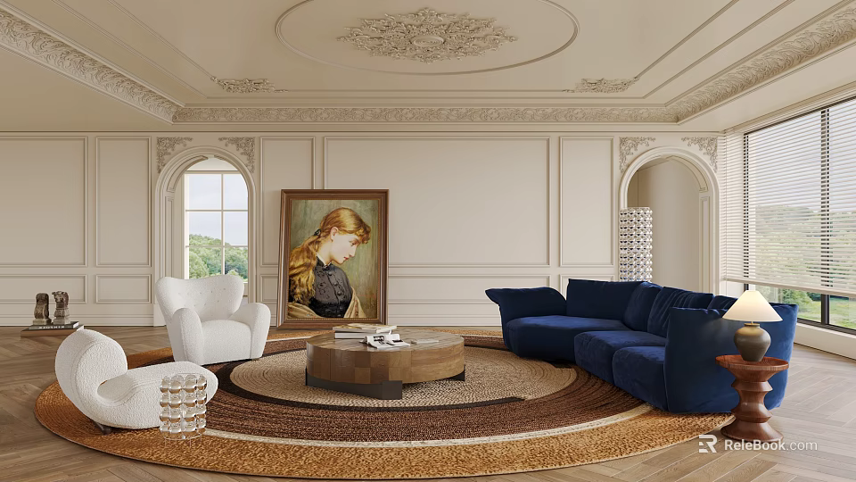 Elegant Living Room With Blue Sofa White Armchair Wooden Coffee Table And Round Woven Rug 3d model 