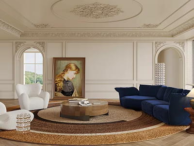 Elegant Living Room With Blue Sofa White Armchair Wooden Coffee Table And Round Woven Rug 3d model