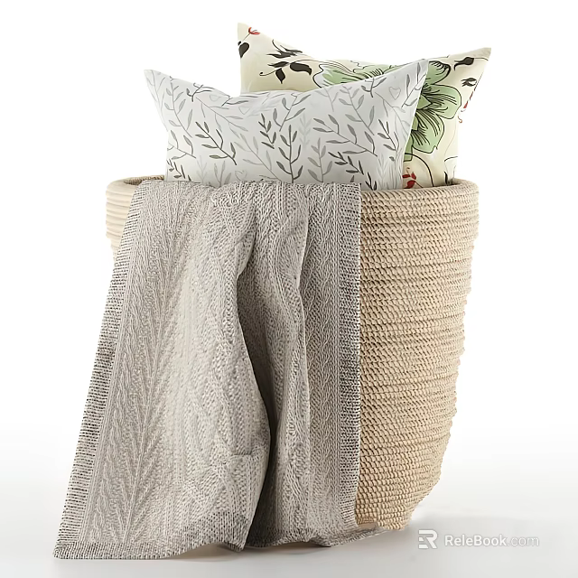 Woven Storage Basket With Leaf Pattern Pillows And Textured Gray Blanket 3d model