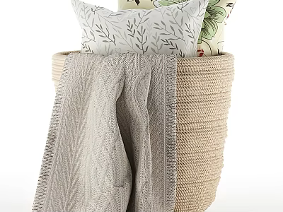Woven Storage Basket With Leaf Pattern Pillows And Textured Gray Blanket 3d model