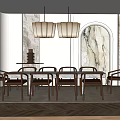 Modern Private Dining Room Interior With Long Wooden Table Pendant Lights And Marble Arched Walls