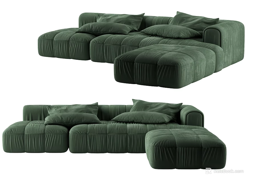 Green Velvet Sectional Sofa with Plush Cushions and Ottoman for Living Room 3d model 