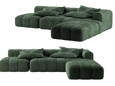 Green Velvet Sectional Sofa with Plush Cushions and Ottoman for Living Room 3d model