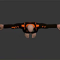 Bald Man In Black Jacket With Orange Stripes Black Pants Barefoot Arms Outstretched Dark Background