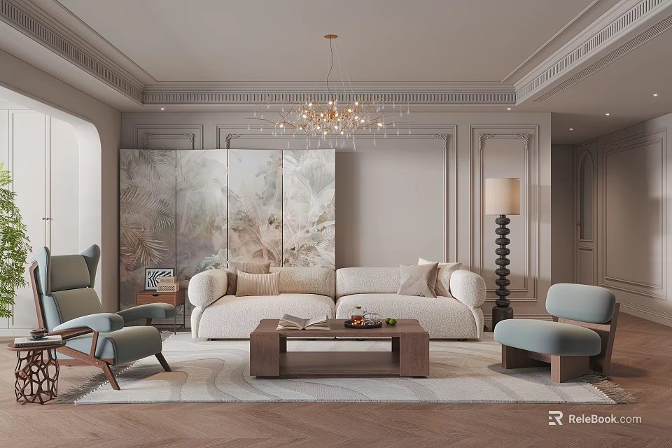 Elegant Living Room Interior With White Sofa Light Blue Armchairs Wooden Coffee Table And Chandelier 3d model 