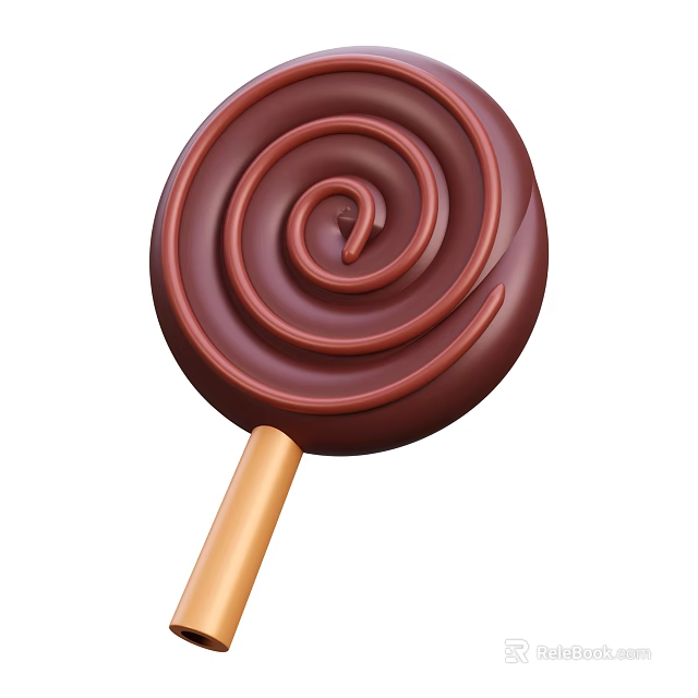 Sweet Chocolate Swirl Lollipop On Wooden Stick With Glossy Surface 3d model 