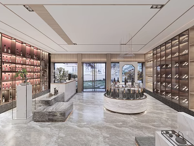 Liquor Store Modern Interior With Display Shelves Central Counter And Marble Floor 3d model